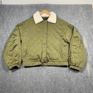 Elodie Olive Green Quilted Bomber Jacket Sherpa Collar Drawstring Waist Mens L
